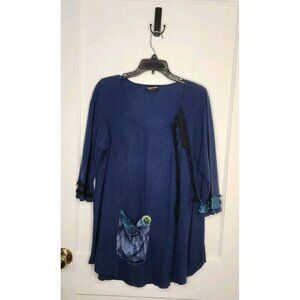 Vtg Lee Andersen Tunic Top Womens L Blue Lace Ruffle Details Lagenlook Boho